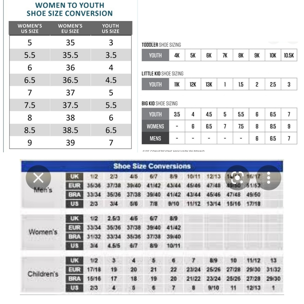 Mens Womens & youth shoe conversion chart!!